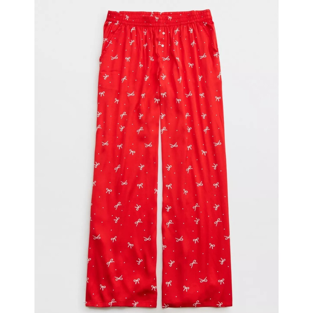 Aerie Off-Duty Satin Trouser PJ Pants Red White Bow Ribbon Holiday S.S NWT